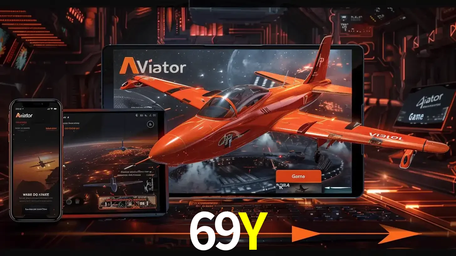 Apresentação tecnológica do jogo Aviator com um avião saindo da tela de um tablet, demonstrando a experiência imersiva em múltiplos dispositivos no 69Y.