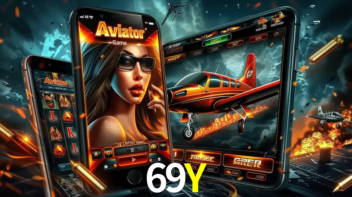 O popular jogo de apostas Aviator exibido em vários celulares e tablets, mostrando a interface emocionante e a ação de voo disponíveis para jogar agora no 69Y.