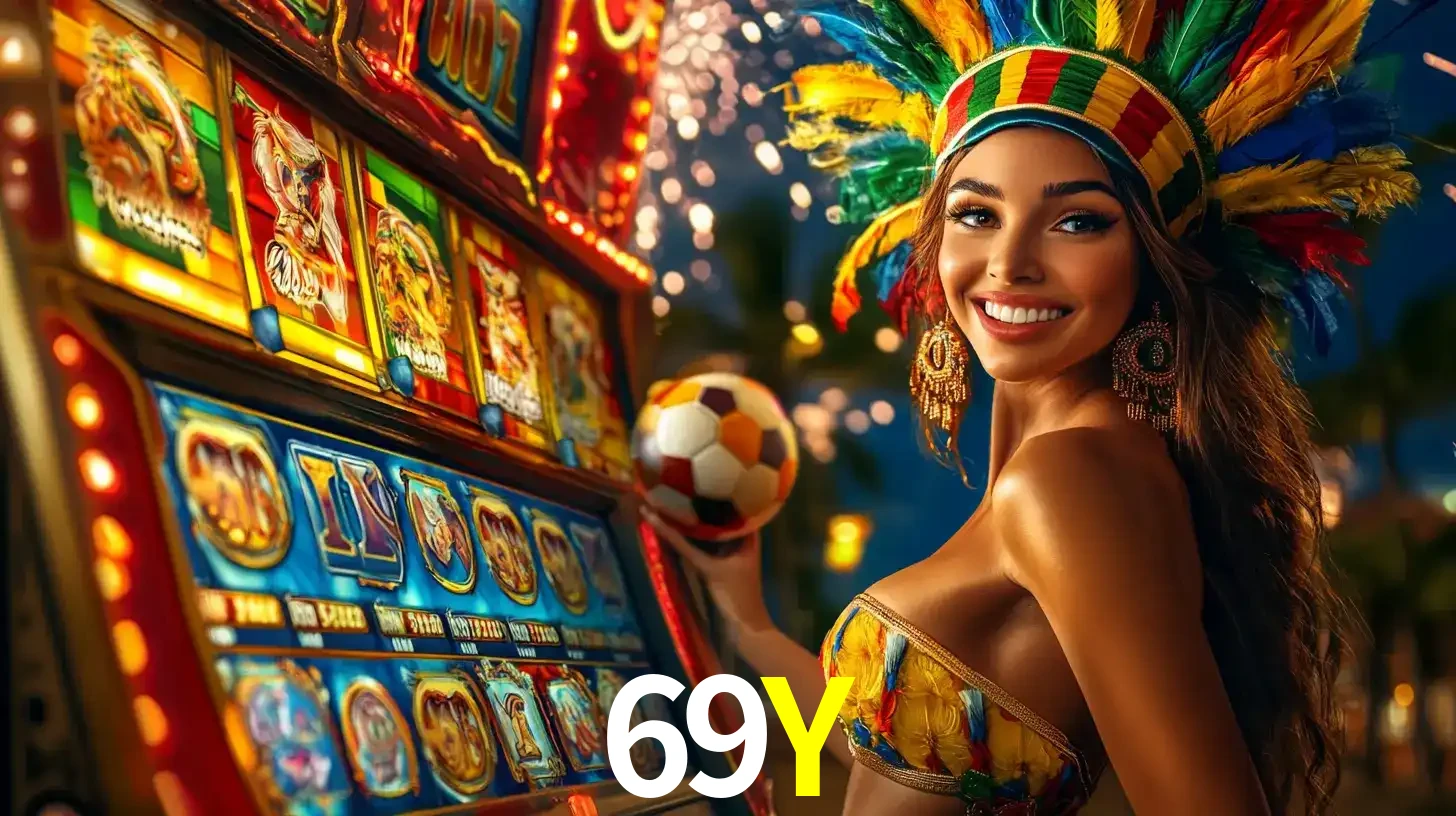 Mulher com um cocar de carnaval ao lado de uma máquina de caça-níqueis enquanto segura uma bola de futebol, mostrando a união da diversão de cassino e esportes no 69Y.