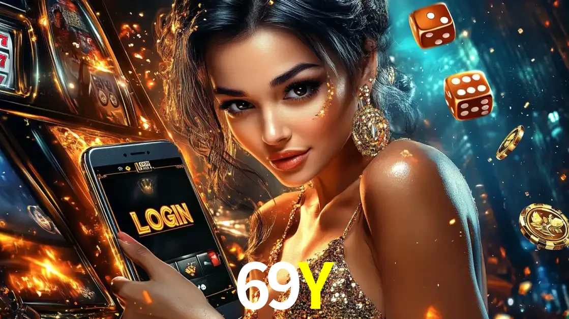 Mulher glamourosa segurando um celular com a tela de login do cassino 69Y, rodeada por dados e moedas douradas, pronta para começar a diversão.