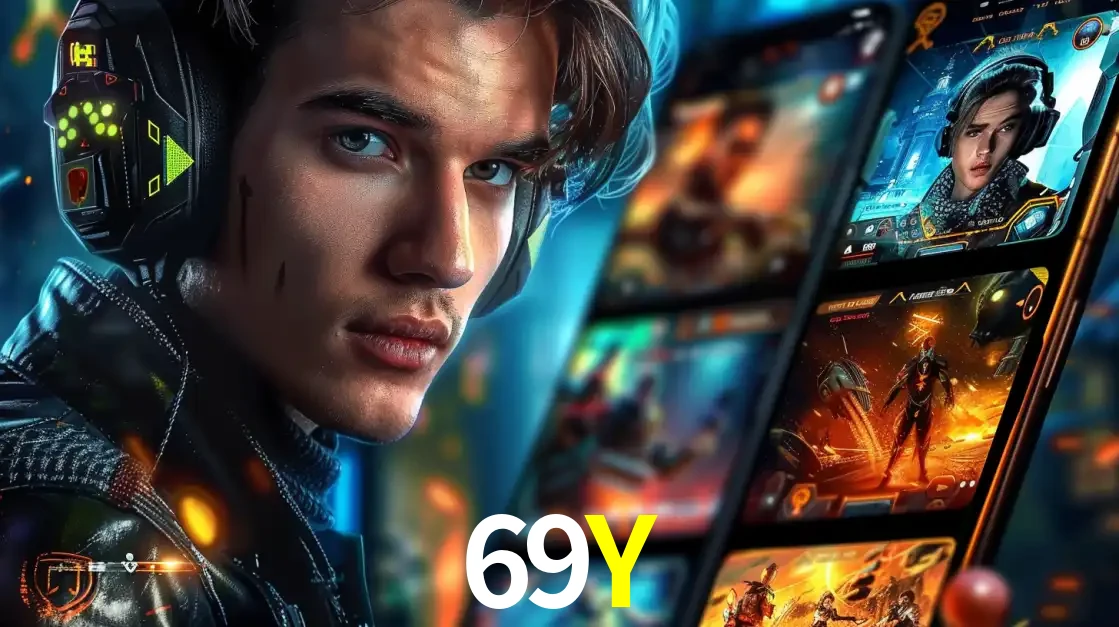 Jovem jogador com fones de ouvido olhando para a câmera, com um aplicativo de jogos e e-sports para celular ao fundo, pronto para a competição e apostas no 69Y.