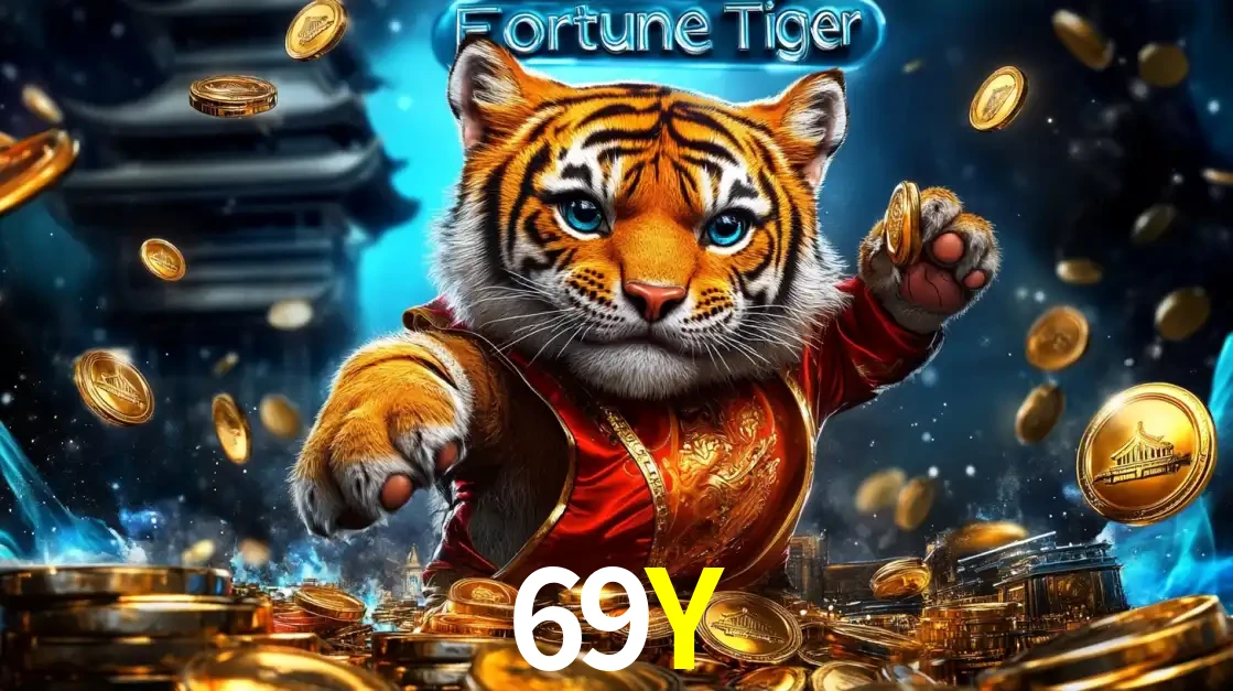 Imagem promocional do jogo de slot Fortune Tiger, com um tigre majestoso em traje tradicional cercado por uma fortuna em moedas de ouro, disponível agora no cassino 69Y.