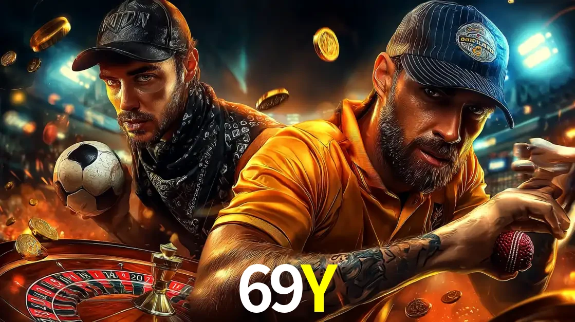 Montagem de apostas esportivas e cassino no 69Y, com um homem segurando uma bola de futebol e outro uma de beisebol sobre uma roleta e moedas voadoras.