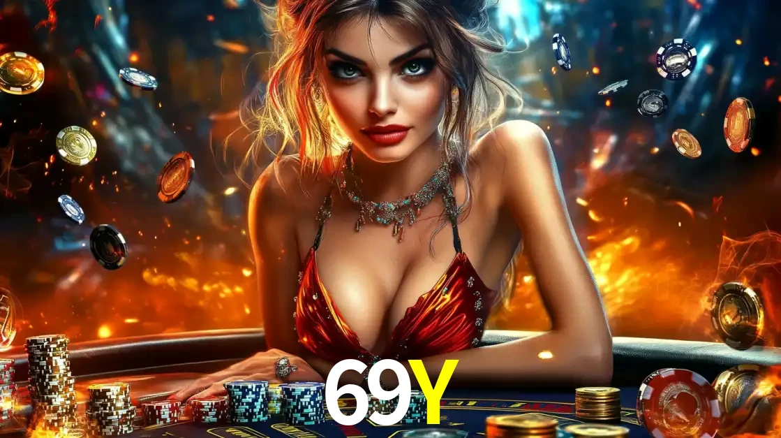 Mulher em uma mesa de cassino com pilhas de fichas e um fundo de fogo, pronta para uma rodada de altas apostas nos jogos de mesa emocionantes do cassino 69Y.