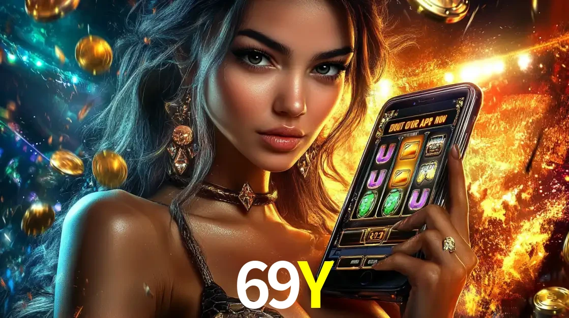 Mulher elegante mostrando um jogo de caça-níqueis em seu smartphone, destacando a experiência de cassino móvel oferecida pelo aplicativo 69Y.