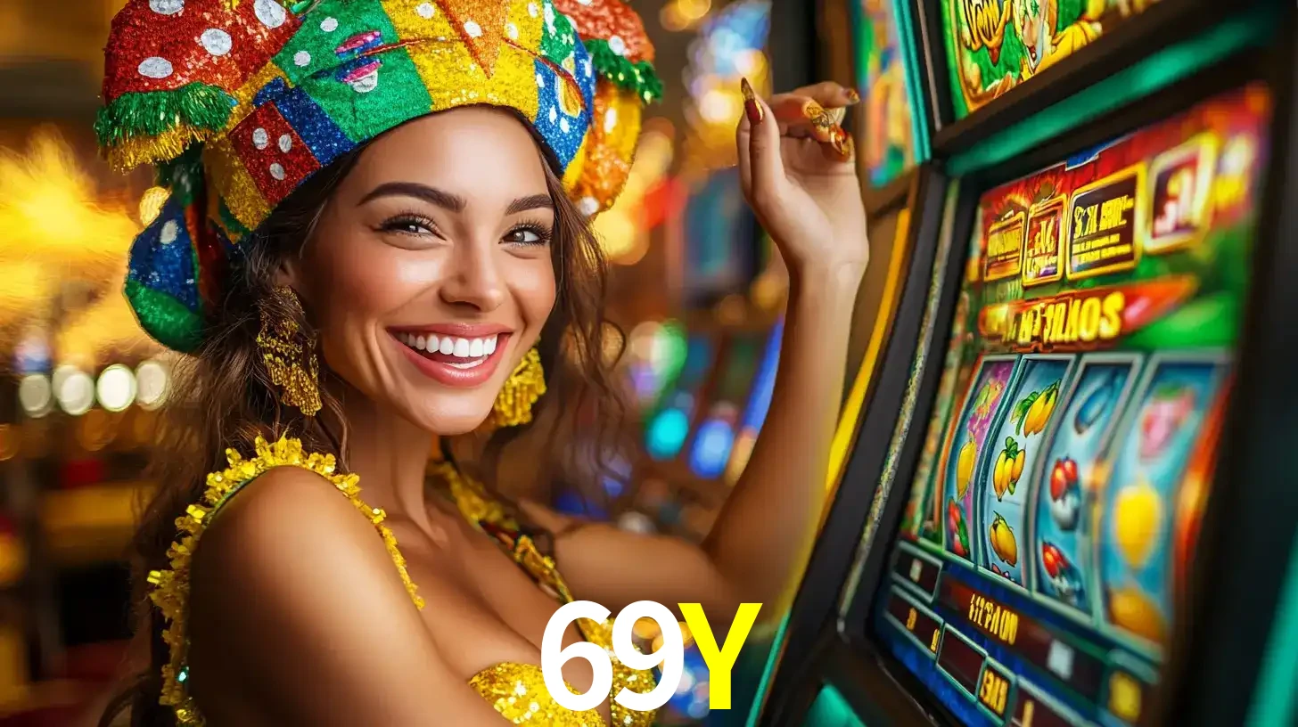 Mulher feliz com traje de carnaval amarelo e colorido ao lado de uma máquina de caça-níqueis, aproveitando a diversão e os jogos temáticos do cassino 69Y.
