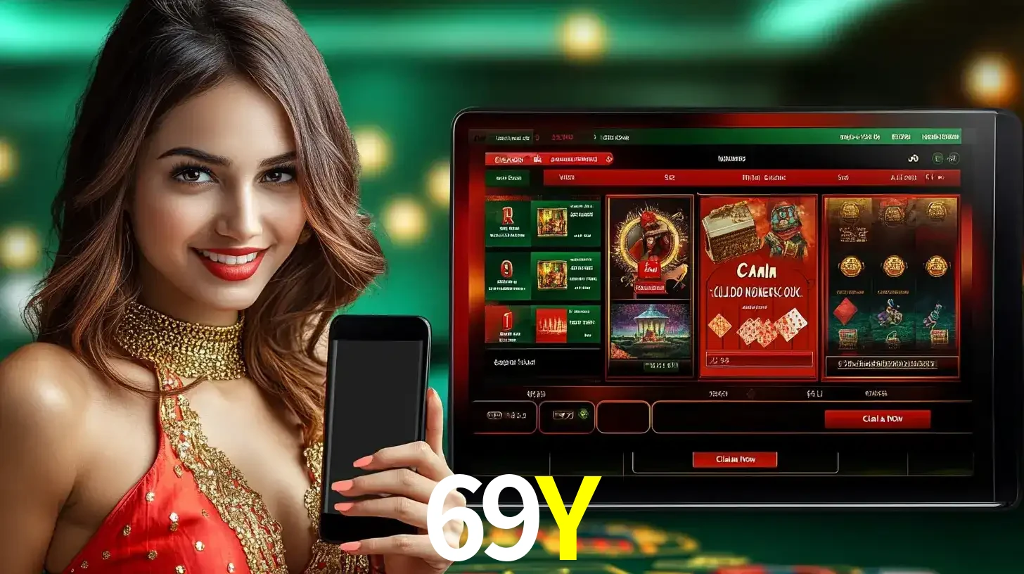 Mulher sorridente segurando um smartphone, ao lado de uma tela exibindo o lobby de jogos do cassino online 69Y, com várias opções de jogos de cartas e slots.